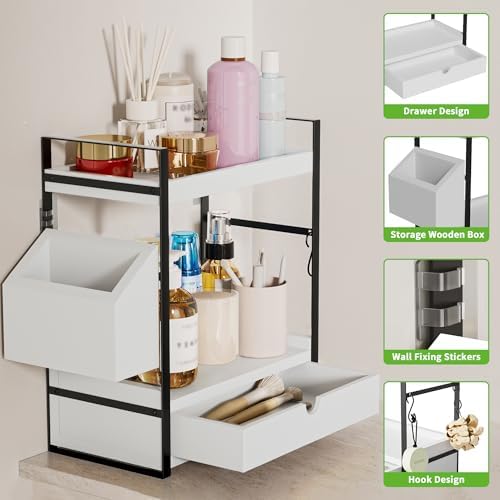 2-Tier Bathroom Counter Organizer, Wooden Vanity Shelf with Drawer & Basket