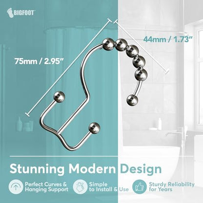 BigFoot Shower Curtain Hooks, Stainless Steel, Rust-Resistant, Easy Install