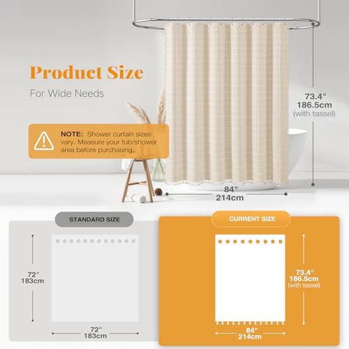 BTTN 84x72 Boho Farmhouse Linen Heavy Duty Shower Curtain Set, Cream/Beige