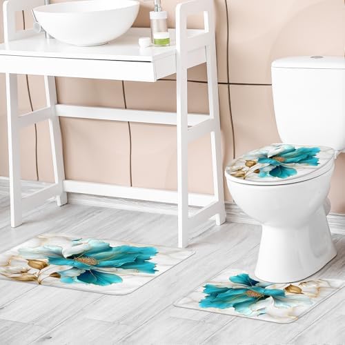 Teal Gold Marble Floral Modern 4Pcs Bathroom Shower Curtain Set with Rugs