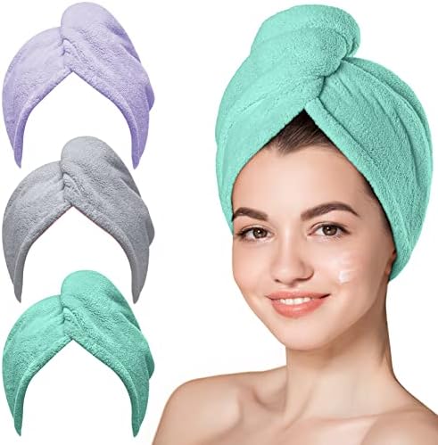 Hicober Microfiber Hair Towel Wrap for Women, Green Purple Grey, 3-Pack
