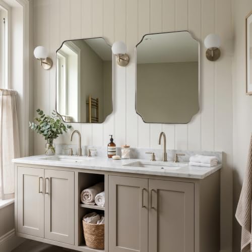 MIRRORART Brushed Nickel Bathroom Mirrors for Over Sink, 24x30‘’ Scalloped Silver Mirrors for Bathroom, Notched Corner Rectangle Mirror in 1’’ Stainless Steel Metal Frame Hang Vertical/Horizontal