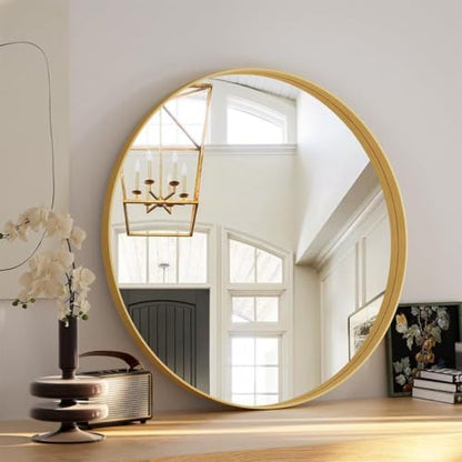 VooBang Round Bathroom Mirror 32 inch, Gold Gorgeous Deep Frame Modern Circle Wall Vanity Mirror for Bedroom, Living Room, Hanging or Leaning, Gold