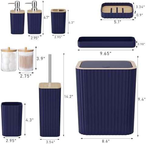 XLHOMO Bathroom Accessories Set - Elegant Blue Bathroom Set, 10PC Bathroom Accessory Set, Toilet Brush, Trash Can, Qtip Holder Dispenser & Soap Dispenser