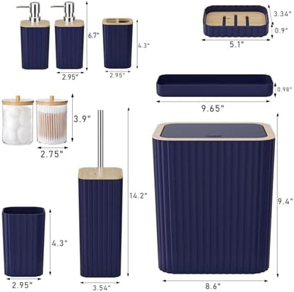 XLHOMO Bathroom Accessories Set - Elegant Blue Bathroom Set, 10PC Bathroom Accessory Set, Toilet Brush, Trash Can, Qtip Holder Dispenser & Soap Dispenser