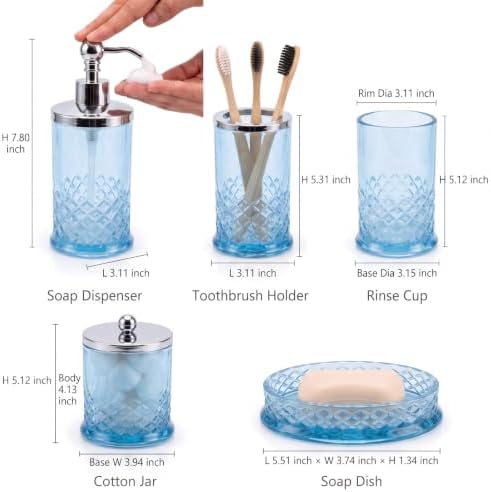 JKE Bathroom Accessories Set, 5-Piece Set with Vintage-Style Thick Glass Soap Dispenser, Toothbrush Holder, Soap Dish, and Cotton Swab Jar, Suitable for Bathroom Countertops, Blue