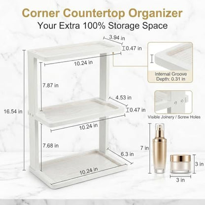 PEKER Bamboo Bathroom Organizer Countertop – Vanity Storage Shelf for Makeup, Perfume, Skincare – Natural Cosmetics Display Rack for Dresser, Sink, Kitchen – White