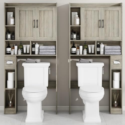 Vabches Farmhouse Over The Toilet Storage Cabinet with Barn Door, Gray Oak