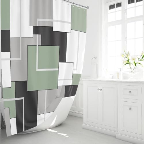 BTTN 36x72 Half Geometric Waterproof Fabric Shower Curtain Set, Sage Green