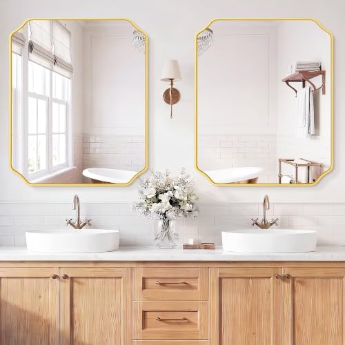 Gold Vanity Bathroom Mirror, 30" x 36" Scalloped Mirror for Wall
