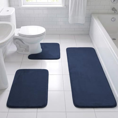 H.VERSAILTEX Bath Mat Memory Foam Set Bathroom Rug Set Flannel Velvety Extra Soft and Absorbent Non Slip Rugs for Bathroom/Bedroom Washable(47"x 17" + 17"x 24" + 20"x 24"U-Shaped, Navy)