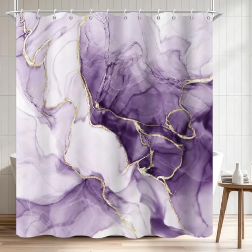 Purple Marble Shower Curtain Modern Abstract Luxury Gold Ink Texture Gray Ombre Watercolor Bathroom Curtain Set with Hooks Soft and Lightweight Waterproof Fabric Machine Washable 36" Wx72 L