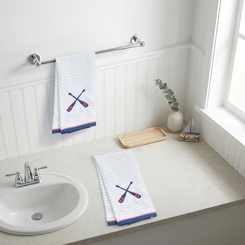 Ritz 2-Piece Cotton Velour Bathroom Hand Towel Set, Embroidered Criss Cross Oars, Light Blue Pinstripe Decorative Towels for Lake House, Cabin, Coastal Decor, 16” x 26”