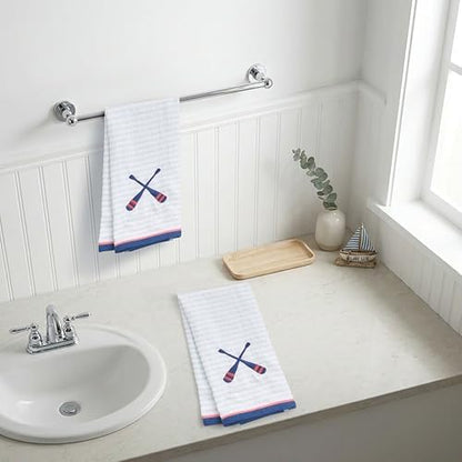 Ritz 2-Piece Cotton Velour Bathroom Hand Towel Set, Embroidered Criss Cross Oars, Light Blue Pinstripe Decorative Towels for Lake House, Cabin, Coastal Decor, 16” x 26”