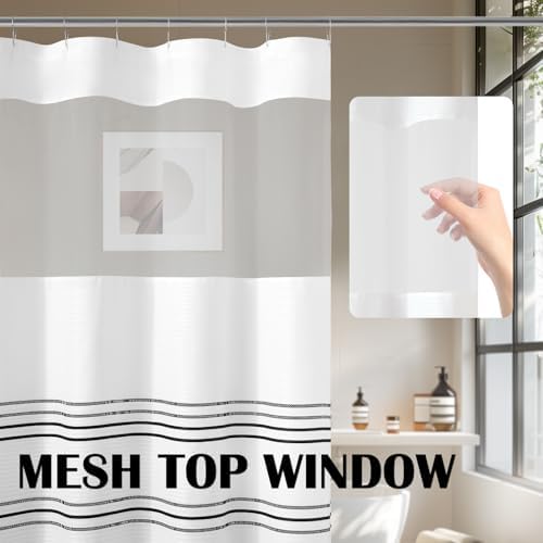 jinchan Navy Blue and White Shower Curtain with See Through Window Modern Striped Waterproof Fabric Shower Curtains for Bathroom with 12 Hooks 70x72 inches
