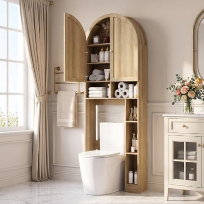 HMstone Over The Toilet Storage Cabinet, 29.7W'' Arched Bathroom Organizer and Storage with Doors and Adjustable Shelf, Space-Saving Freestanding Bathroom Modern Storage Cabinet Over Toilet (Natural)