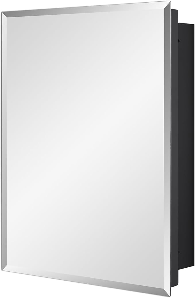 IDYLLOR Black Bathroom Medicine Cabinet with Beveled Edge Mirrored Door 16 x 20 inch, Recessed or Surface Mount, with Adjustable Glass Shelves