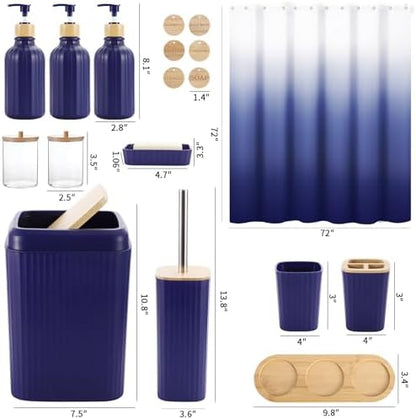 XLHOMO 30PCS Navy Blue Bathroom Accessories Set with Waffle Shower Curtain,Trash Can,3PCS Lotion Soap Dispenser, Toothbrush Holder, Soap Dish,Tumbler Cup,6PCS Wood Tags Bath Accessories with Tray