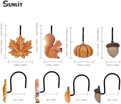 Sunlit Fall Autumn Decorative Shower Curtain Hooks, Pumpkin Maple Leaf Squirrel Acorn Shower Curtain Rings with Black Hooks, Resin, Orange Leaves Cute Bathroom Curtain Hangers Decoration, Set of 12