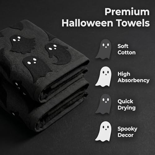 2 Pack Halloween Hand Towels 100% Cotton Jacquard Ghost Halloween Kitchen Towels White Bathroom Towels Set Seasonal Bathroom Decor (Black Ghost, Halloween)