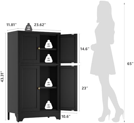 YAUWOH Bathroom Floor Cabinet, Metal Storage Cabinet with 2 Adjustable Shelves & 4 Doors,Freestanding Sideboard for Dining Room,Living Room, Home Office(1PC,Black)