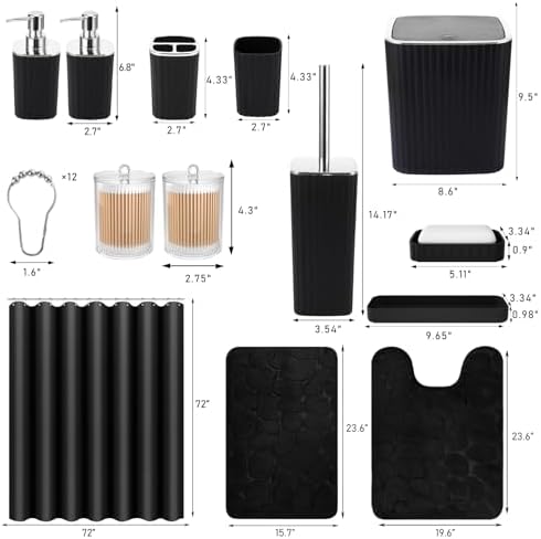 XLHOMO Bathroom Set with Shower Curtain and Rugs- 25PC Bathroom Accessory Set, Black Bathroom Set, Toilet Brush, Trash Can, Qtip Holder & Soap Dispenser