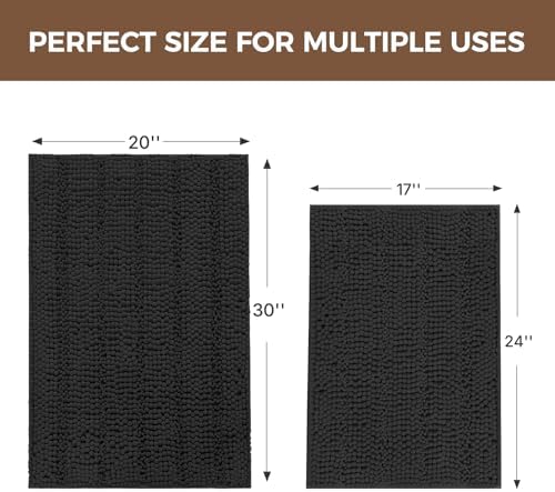 Bcoimo Bath Rug Mat Set, 2 Piece High Absorbent Chenille Bathroom Mat Black