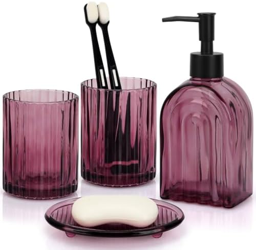Bathroom Accessories Set, 4Pcs Glass Bathroom Accessories Set Complete, 13.5OZ Lotion Soap Dispenser, Toothbrush Holder, Mouthwash Cup, Soap Dish for Bathroom Decor, Countertop Organizer (Purple)