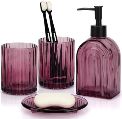 Bathroom Accessories Set, 4Pcs Glass Bathroom Accessories Set Complete, 13.5OZ Lotion Soap Dispenser, Toothbrush Holder, Mouthwash Cup, Soap Dish for Bathroom Decor, Countertop Organizer (Purple)