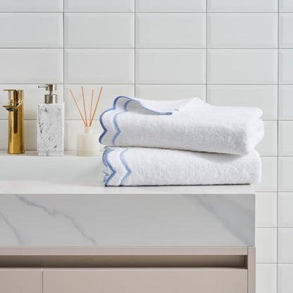 Peri Home 2 Piece Cotton Bath Towel Set, Embroidered, White, Blue Scallop