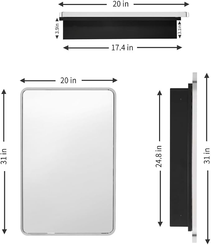 Movo Medicine Cabinet with Mirror, 20 Inch x 31 Inch Metal Framed Bathroom Mirror Medicine Cabinet Rectangle Tilting Beveled Vanity Mirrors Recess or Surface Mount Installation Chrome