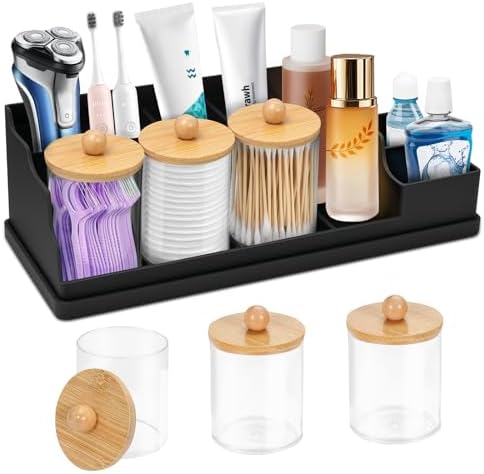 Bathroom Counter Organizer, Black Silicone Toothbrush Holders for Bathrooms Organizer Countertop with 3PCS Qtip Holder, Toothbrush and Toothpaste Holder for Bathroom Organization Storage Vanity