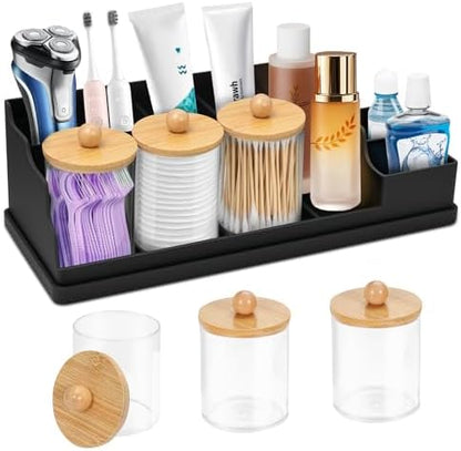 Bathroom Counter Organizer, Black Silicone Toothbrush Holders for Bathrooms Organizer Countertop with 3PCS Qtip Holder, Toothbrush and Toothpaste Holder for Bathroom Organization Storage Vanity