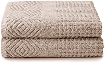 Texere 100% Organic Cotton Diamond Jacquard 700 GSM Luxury Bath Towel Sets - Ultra Soft and Absorbent Hotel and Spa Quality (Diamond, Oxford Tan, 2 Bath Towels)
