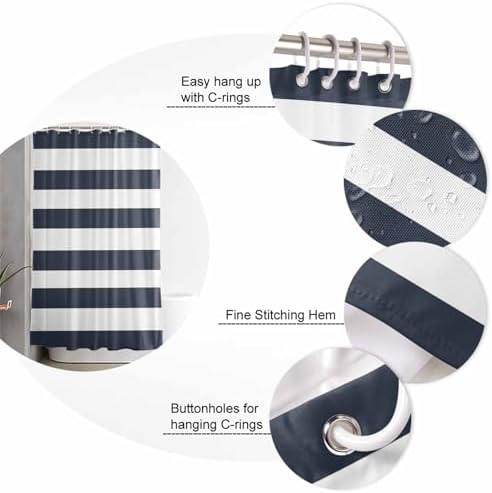 Shower Curtain Bathroom Set Navy Blue and White Stripe Waterproof Shower Curtains with Grommets Hooks Classic Texture Privacy Bath Curtain for Bathtub Decor 60x72in