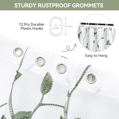 Embroidered Leaf Farmhouse Shower Curtain,Faux Linen,72x72,White Sage Green