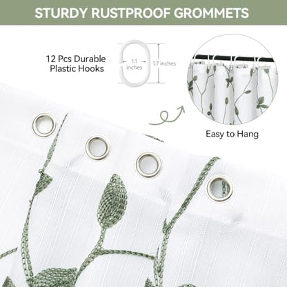 Embroidered Leaf Farmhouse Shower Curtain,Faux Linen,72x72,White Sage Green
