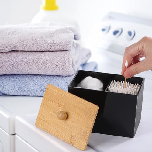 Qtip Holder with Bamboo Lids, 3 Compartments Cotton Ball/Swabs Dispenser, Apothecary Jar Plastic Container for Storage and Organizer (Black)