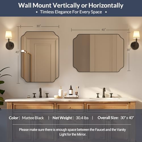 MIRRORART 30x40 Inch Bathroom Mirrors for Over Sink, Large Black Scalloped Mirror for Bathroom, Notched Corner Rectangle Mirror in 1’’ Stainless Steel Metal Frame Hang Vertical/Horizontal Decorative