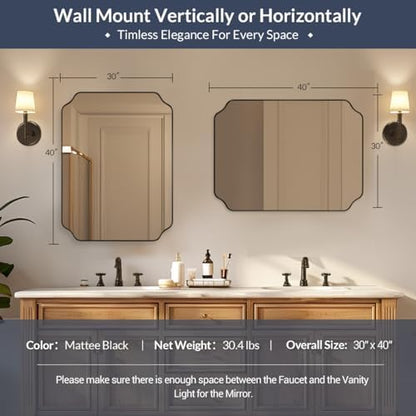 MIRRORART 30x40 Inch Bathroom Mirrors for Over Sink, Large Black Scalloped Mirror for Bathroom, Notched Corner Rectangle Mirror in 1’’ Stainless Steel Metal Frame Hang Vertical/Horizontal Decorative