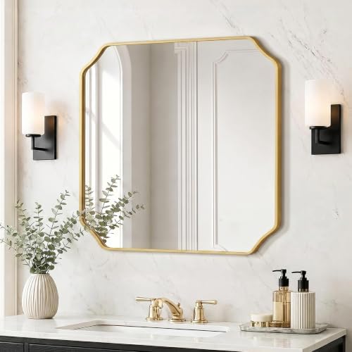 Delma Bathroom Vanity Mirror, Black Framed Aluminum Bathroom Mirror for Over Sink, Scalloped Round Corner Wall Mirror, High-Definition Vanity Mirror, Hangs Horizontally or Vertically (30x30,Gold)