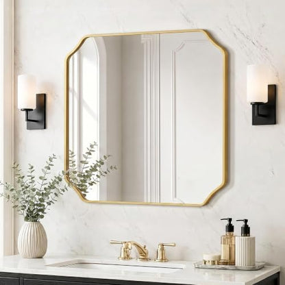 Delma Bathroom Vanity Mirror, Black Framed Aluminum Bathroom Mirror for Over Sink, Scalloped Round Corner Wall Mirror, High-Definition Vanity Mirror, Hangs Horizontally or Vertically (30x30,Gold)