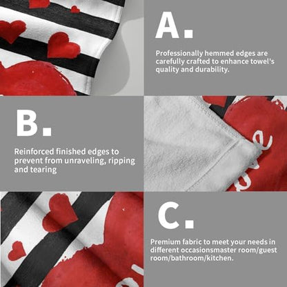 Red Love Heart Hand Towel Set of 2 for Kitchen Bathroom,Black White Stripe Valentine's Day Absorbent Towel Fingertip Face Towels 14x28 Holiday Wedding Anniversary Decor