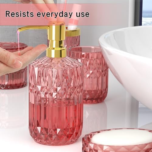 New Pink Glass Bathroom Accessories Set 5 Pcs, Pink Bathroom Set, Soap Dispenser and Toothbrush Holder Set, Qtip Holder Set, Vintage Bathroom Sink Set, Cute Bathroom Decor