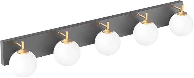 Aipsun Mid Century Modern Bathroom Vanity Light Over Mirror 5 Lights Milky White Globe Glass Black/Golden Bathroom Light Fixture(Exclude Bulb)