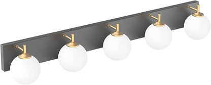 Aipsun Mid Century Modern Bathroom Vanity Light Over Mirror 5 Lights Milky White Globe Glass Black/Golden Bathroom Light Fixture(Exclude Bulb)