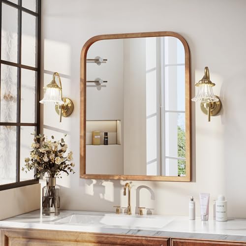 36"x28" Arched Wood Bathroom Mirror - Handcrafted Modern Farmhouse Bathroom Mirror with Tempered Glass&Natural Wood Frame, Anti-Fog Decorative Vanity Mirror for Bedroom, Living Room, Spa & Home Decor