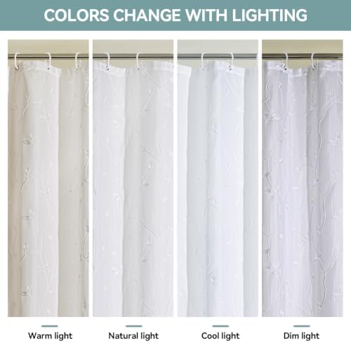 Embroidered Leaf Farmhouse Shower Curtain,Faux Linen,72Wx72L,White