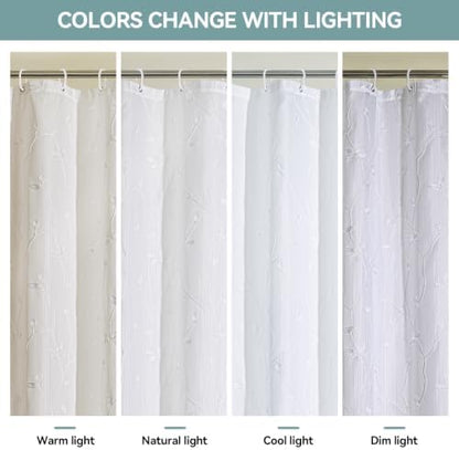 Embroidered Leaf Farmhouse Shower Curtain,Faux Linen,72Wx72L,White