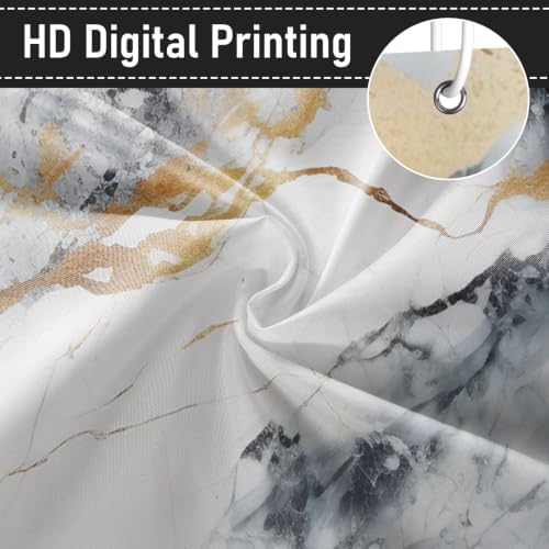 Abstract Marble Shower Curtain Modern Charcoal Luxury Gold Ink Texture Gray Ombre Watercolor Bathroom Curtain Set with Hooks Soft and Lightweight Waterproof Fabric Machine Washable 60" Wx72 L